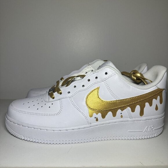 NIB Custom Nike Men’s 9.5 White Air Force 1 07 Gold Paint Drip Swoosh & Laces - Picture 6 of 12